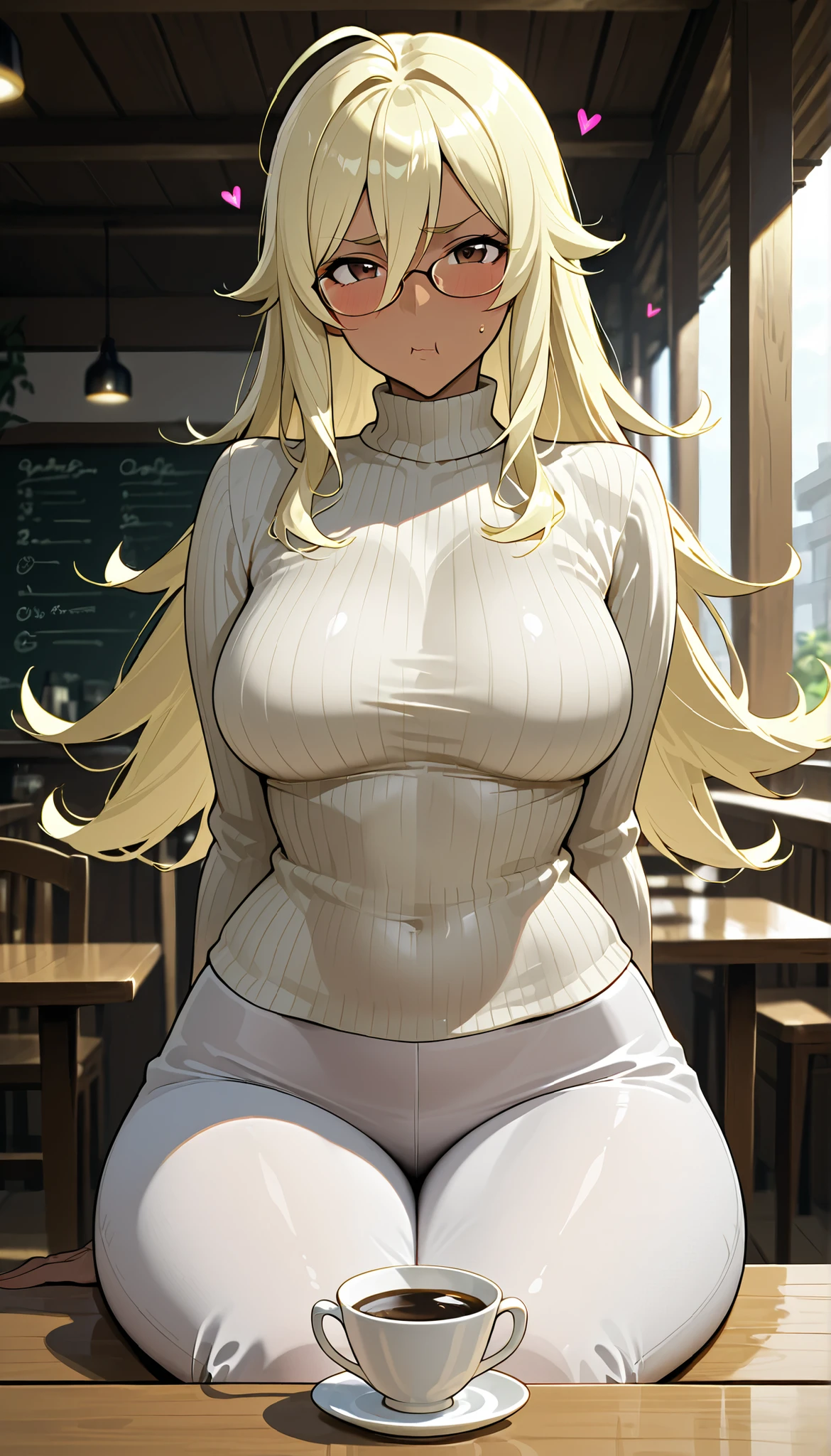 Takeda, {- anatomy error} , masterpiece, best quality, detailed, extremely detailed face, perfect lighting, perfect anatomy, perfect body, perfect hands, perfect fingers, detailed face, detailed eyes, anatomically correct, {1girl}: (mature female, dark skin, dark skinned female, medium breasts, fit female, wide hips, (light blonde hair:1.2), long hair, fringe, spiky hair, ahoge , double-parted bangs, bangs between eyes, flipped hair, brown eyes), BREAK, frown, pout, looking at viewer, blushing, (upperbody:1.2), turtleneck sweater, hands behind back, sitting, table, date, day, cafe, embarassed, day, outdoors, glasses, hearts around head, pov, cup of coffee on table.