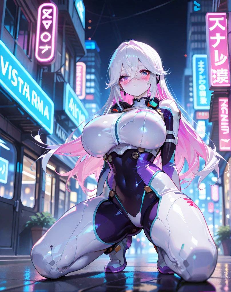 Gorgeous girl, big breasts, big ass, thin waist, Open legs, High facial detail, silver pink Futuristic Sexy Mirror Suit, cyberpunk, white very long hair, city of the future, hologram, Neon lighting, ultra detailed, a high resolution, masterpiece, high quality, ultra detailed, a high resolution, Fox ears,