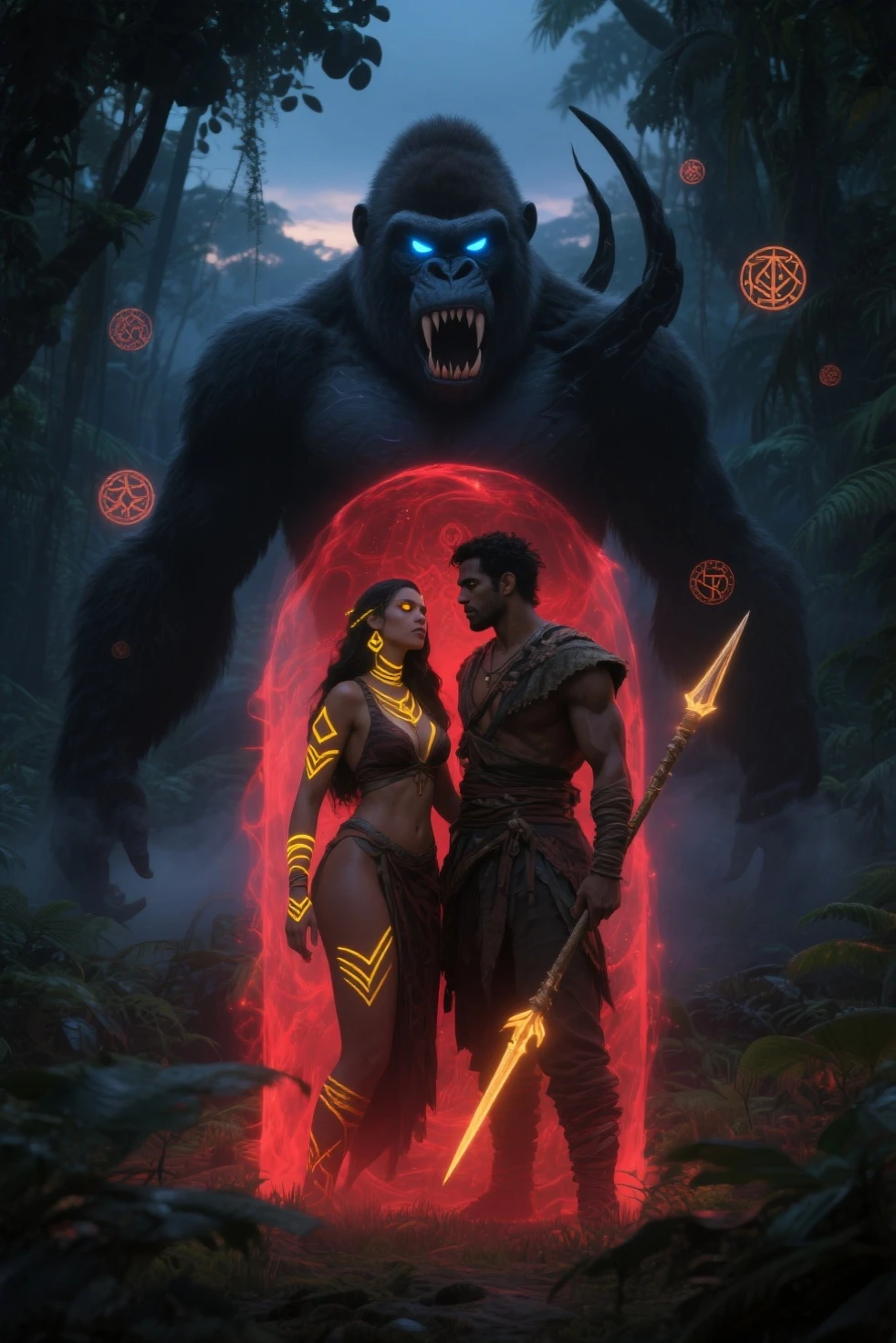 A hero character from Thai mythology wearing a giant demon mask, sitting in a kneeling pose with an iPad and Apple Pencil in hands, against a background of intricate Thai pattern and smoke, with a large moon eclipse in the sky, highly detailed, photorealistic, 8k, cinematic lighting, dramatic composition, vibrant colors, fantasy, concept art