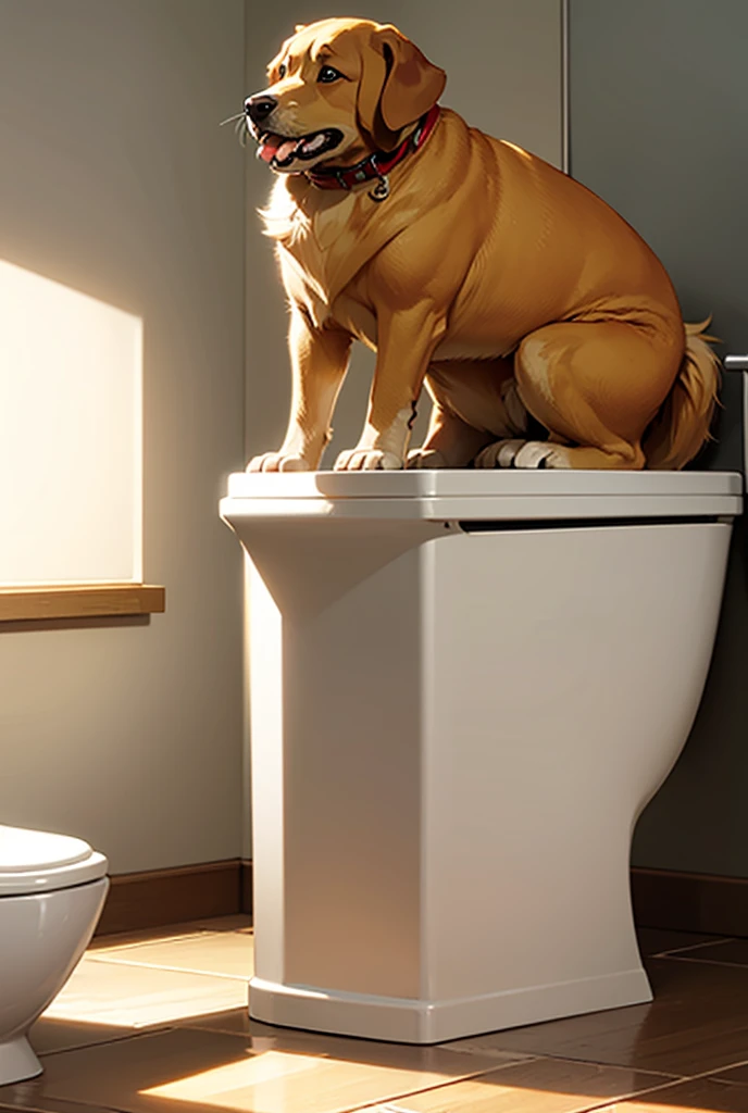 ((dog sitting peeing on a toilet)), (reading newspaper), (bathroom, (toilet with lid open)), hd 8k, (Newspaper in the dog's hand), realistic, absurd --auto --s2