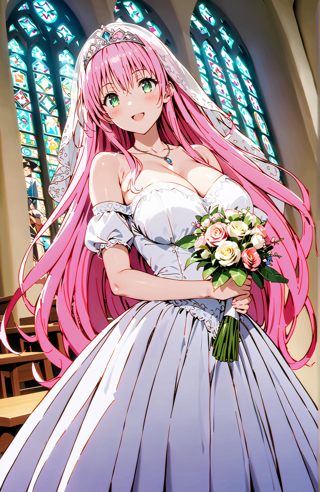 score_9, score_8_up, score_7_up, source_anime,
Lala Devilke , long hair, pink hair,stupid hair, bungs, green eyes,Demon Tail,Big Breasts,tiara,Veil,Off Shoulder Wedding Dress,Short sleeve,necklace,wedding long skirt,holding a bouquet of flowers with both hands,stained glass,standing,smile,blush,open your mouth,full bodyがイラストに入るように,in their 40s indoors,Chapel,church,
in their 40s looking at viewer,full body,
in their 40s (masterpiece:1.2),Highest Quality ,Kampala,unity 8k 壁紙,(shape:0.8),( fine and beautiful eyes :1.6),It's a person ,full body写真,CG Details , (perfect hand in h,complete anatomy),
indoor, Classroom, Bend down , smile,
make eye contact, shot by a cowboy, Dutch Angle, solo,