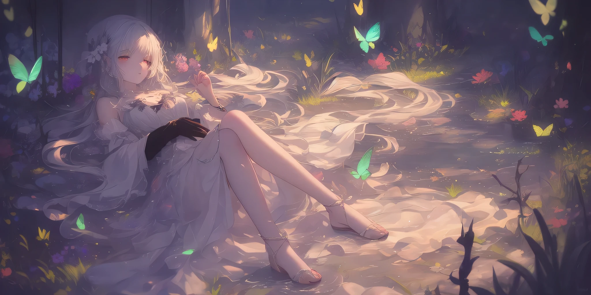 score_9, score_8_up, score_7_up, 8k, Pastel colors, (((Full body illustration))), A full body illustration of an 18-year-old girl, a colorful-haired anime girl, lying gracefully bleeding. Her eyes are open but lifeless, with a look of quiet acceptance. Delicate butterflies flutter around her, creating a contrast between life and death. The soft lighting and dreamy, fantastical atmosphere create a melancholic yet visually beautiful atmosphere. She is dressed in a gothic-style outfit, meticulously crafted down to the last detail, with her vibrant hair flowing naturally. The ground under her feet is stained with blood, further enhancing the tragic beauty of the scene.