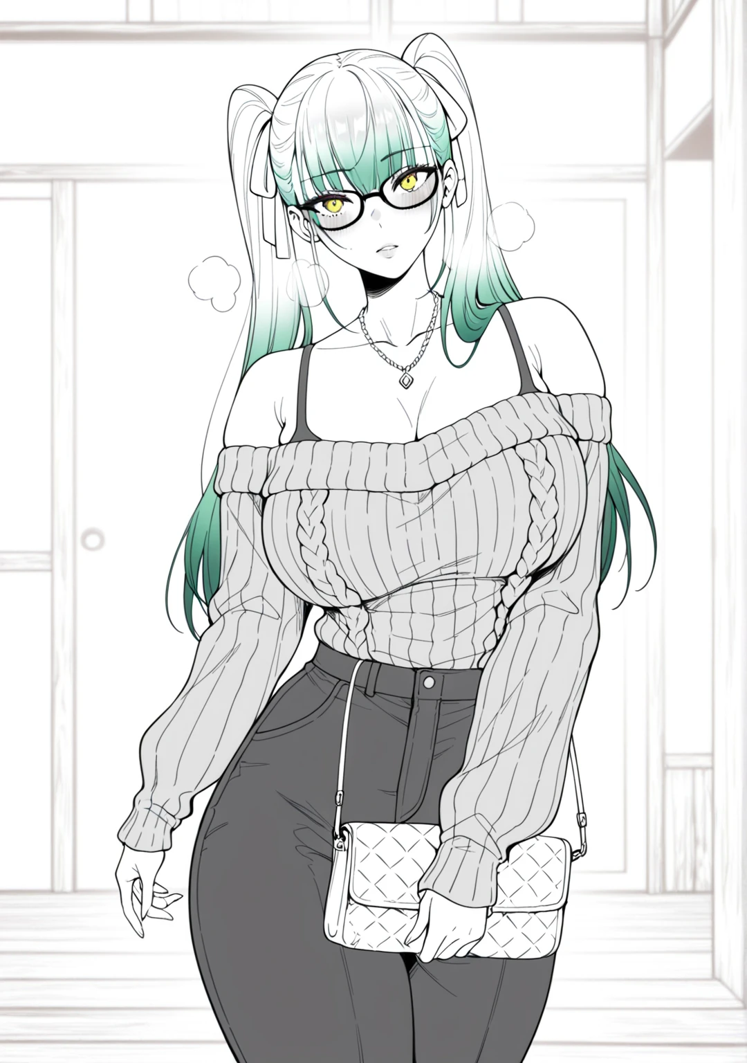 (shouji_nigou-style:1.4), (puuzaki_puuna(punopupupu)-style), ((anatomical correct)), ((Cinematic, unreal engine, eye-catching, ambient occlusion, UHD, masterpiece)), ((perfect lighting)), perfect body, perfect eyes, perfect fingers, gasping, heavy breathing, gasping profusely, ((skindentation)), ((curvy)), mato seihei no slave, azuma yachiho, long hair, bangs, black hair, bow, twintails, yellow eyes, hair bow, green hair, plump, 1girl, glasses, solo, breasts, jewelry, necklace, bare_shoulders, pants, looking_at_viewer, off_shoulder, high-waist_pants, striped_shirt, striped, sweater, handbag, blush, holding, collarbone, shirt, long_sleeves, indoors