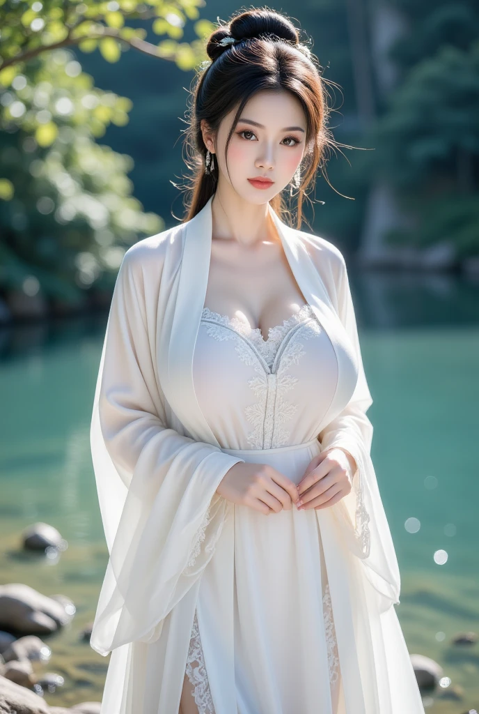 2 beautiful 20-year-old models [[[[Features]]]], [[[[]]]], [[[[Cole]]]], [[[[bShoulder]]]], Perfect eyes, Perfect iris，Perfect lips，Perfect Teeth，Perfect skin，Fair skin，long face，Long and thin nose，Soft headlight，Density Imaging Review，movie girl beautiful，White and red dress lace，Peach Blossom，The background is West Lake（Pastel colors：1.2），The mountains are high and the water is long，(((Large Breasts、Sagging breasts、Low-cut，Cleavage, Wide hips,)))((Long legs)),Hourglass figure)),：2.8，Body height：174 cm；weight：52 kg；Measurement：34C-24-36。Anterior convexity posterior，good body shape，put on gadgets，Super good looking，Hot figure，Four beauties，National color and fragrance。High image quality，high quality。