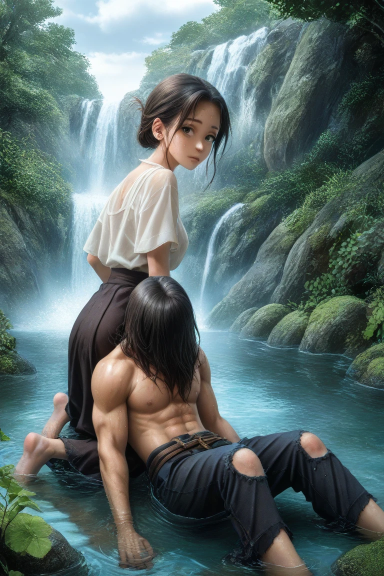 Romantic, intimate photograph featuring a couple seated on rocky terrain near a flowing stream. The woman, with long dark hair and fair skin and big hips, is wearing a white underwear and is seated on the man's lap. The man, with short light brown hair and fair skin, is shirtless and wearing dark swim trunks. They are embracing each other closely, with the woman gently holding the man's face and the man holding her waist. The background consists of large rocks and a small waterfall, creating a natural and serene setting. The overall tone of the image is warm and earthy, with soft lighting enhancing the intimate mood.