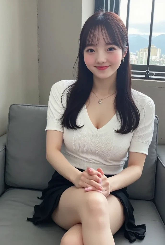 Holding a plush toy in hand, sitting in the living room, ((best quality, 8k, masterpiece: 1.3)), focus: 1.2, perfect body beauty: 1.4, buttocks: 1.2, (layered haircut: 1.2), (dark street: 1.3), (highly detailed face and skin texture: 1.3), full body, fine eyes, double eyelids, whitened skin, (black straight hair, long hair: 1.2), (short skirt: 1.6), medium breasts, smile