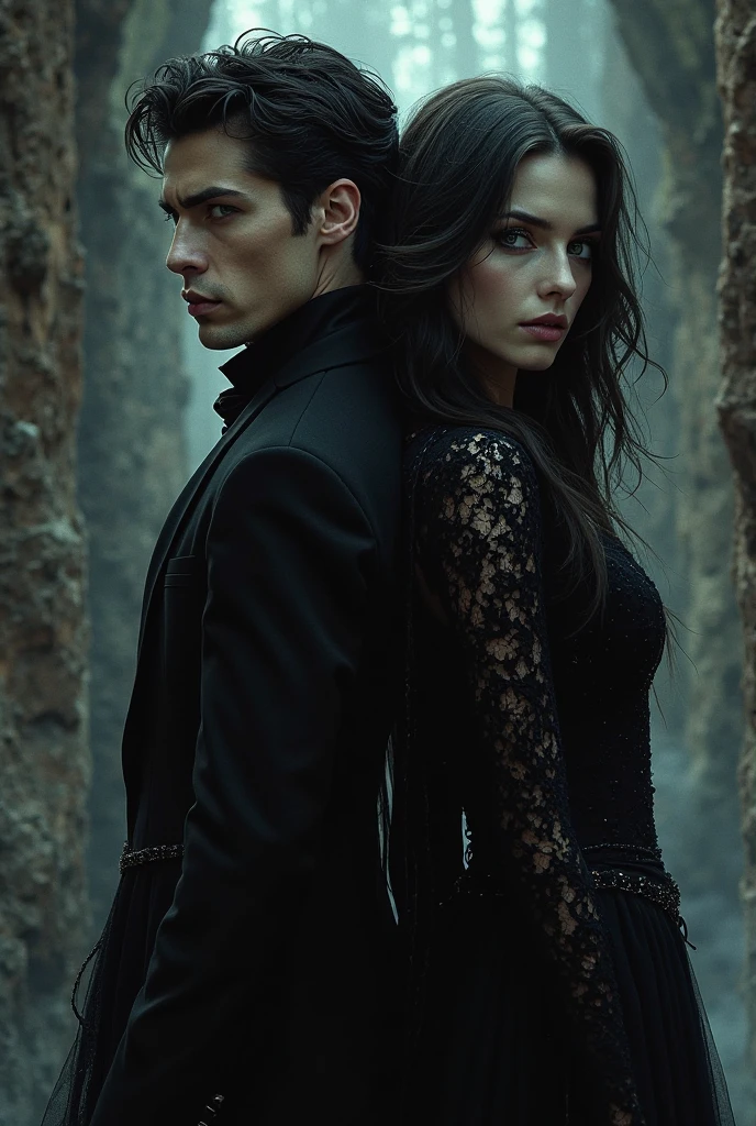2 Mythical characters, a female character, a male character, with voluptuous physique, beautiful, with black shirts