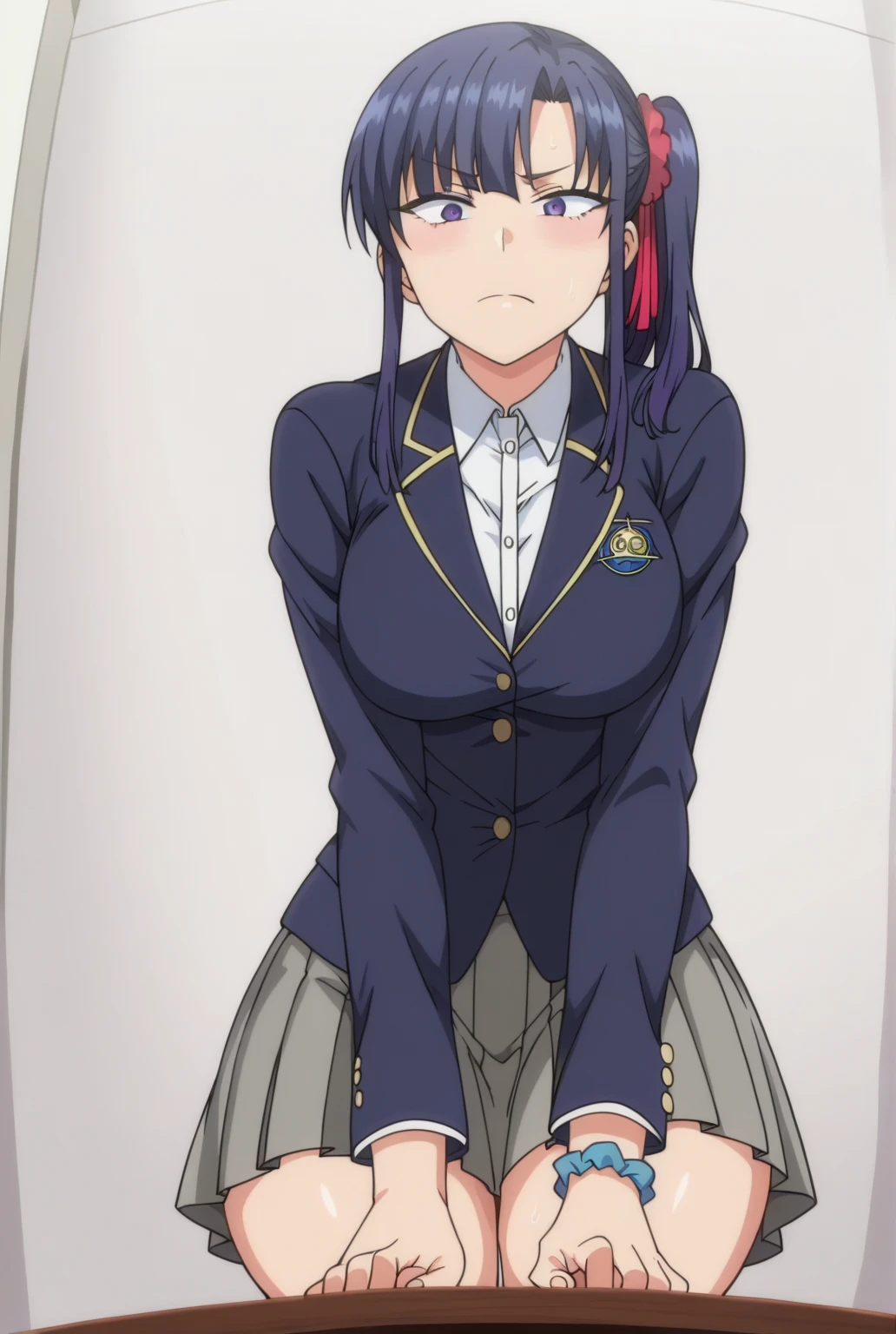 (masterpiece, highest quality: 1.2), alone, 1 girl, alone, panties,,black,Sailor suit,blazer,your heather,View your viewers, Long black hair, head band, Earrings, Big Breasts, Medium Waist, Medium Hips, wide thighs, Embarrassing, Charm, Good move.., Excellent anatomy,panties,classroom,,Sailor suit,blazer,skirt, (((skirtめくり, I can see your pants))),