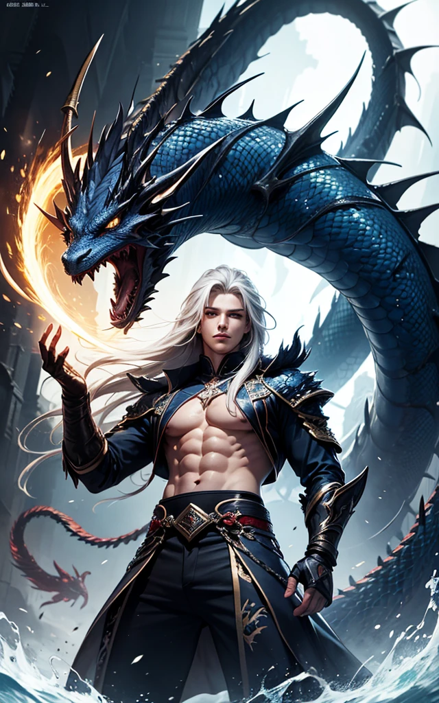 (Best Quality, 8K, Masterpiece, HDR, Soft Lighting, Picture Perfect, Realistic, Vivid), Male Humanoid Dragon (1.0), 1 Guy, Perfect Face, Super Detailed Photo of a Gorgeous Humanoid Dragon Man with Long White Hair, Side by Side lies a white dragon, Beautiful anime fantasy, background blur, anime fantasy, work in the style of Gouves, realism: 1.37, long white hair, plump lips, (Ultra high quality fantasy art), Masterpiece, male model, male character ultra high quality designs, detailed 8k anime art, realistic anime art, highest quality wallpapers, intricate ultra high quality accurate male characters faces, high quality designs and accurate physics (fantasy - ultra high quality art), dark fantasy style), masterpieces, super high quality quality characters, anime resolution - 8K, realistic anime art, wallpapers with the highest quality illustrations, ultra-high detail faces, high-quality design and accurate physics), color, depth of field, shadows, ray tracing, high-quality execution. -high quality and 8K resolution, (Accurate simulation of the interaction of light and materials)], [High-quality hair detail [Read more about beautiful and shiny white hair]], (Beautifully detailed hands [perfect fingers [Perfect nails]]], (perfect anatomy ( perfect proportions)))) [[Full-length]], [Perfect combination of colors (Accurate imitation of the interaction of light and material)], [art that conveys the meaning of the story](modified)