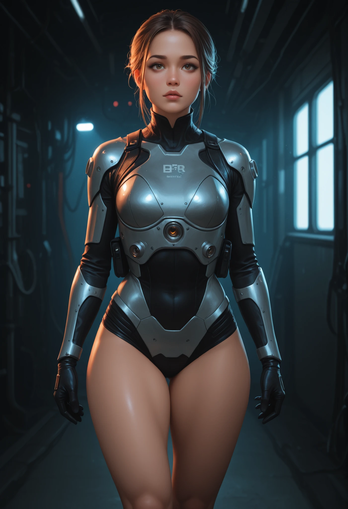 Dystopian, [sci-fi], High Detail RAW color Photo, Full front Shot, of (cute female arterial intelligence, front angle, cybernetic enhancements), full latex bodysuit, indoors, standing, (inside cryogenic chamber, in advanced cyberpunk research facility), toned physique with abs, large perky breasts, normal, large ass, (pale skin), (cybernetic implants:1.2), (augmentations), (cyborg:1.1), (detailed skin, diffused skin pores), silicone, metal, (highly detailed, fine details, intricate), (lens flare:0.4), (bloom:0.4), diffused soft lighting, raytracing, shallow depth of field, (Oliver Wetter), photographed on a Canon EOS 5D, 90mm micro lens, f/8, sharp focus, smooth, cinematic film still from Blade Runner 2049, thick thighs, wide hips [Cyberpunk:Dieselpunk:0.25]