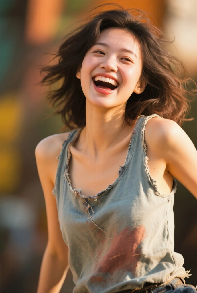 Beautiful woman looking at camera、detailed photo、 person、(Slimed、small tit、flat 、small exy pose:1.2、Wet body、sodden、sexy pose、Wet body、sodden、A slender、From above、Delicate and sexy collarbone、1 woman、toru & Field Athlete、(white Sport Mini Dress)、Painted from head to knee、Show your teeth and laugh out loud、playground