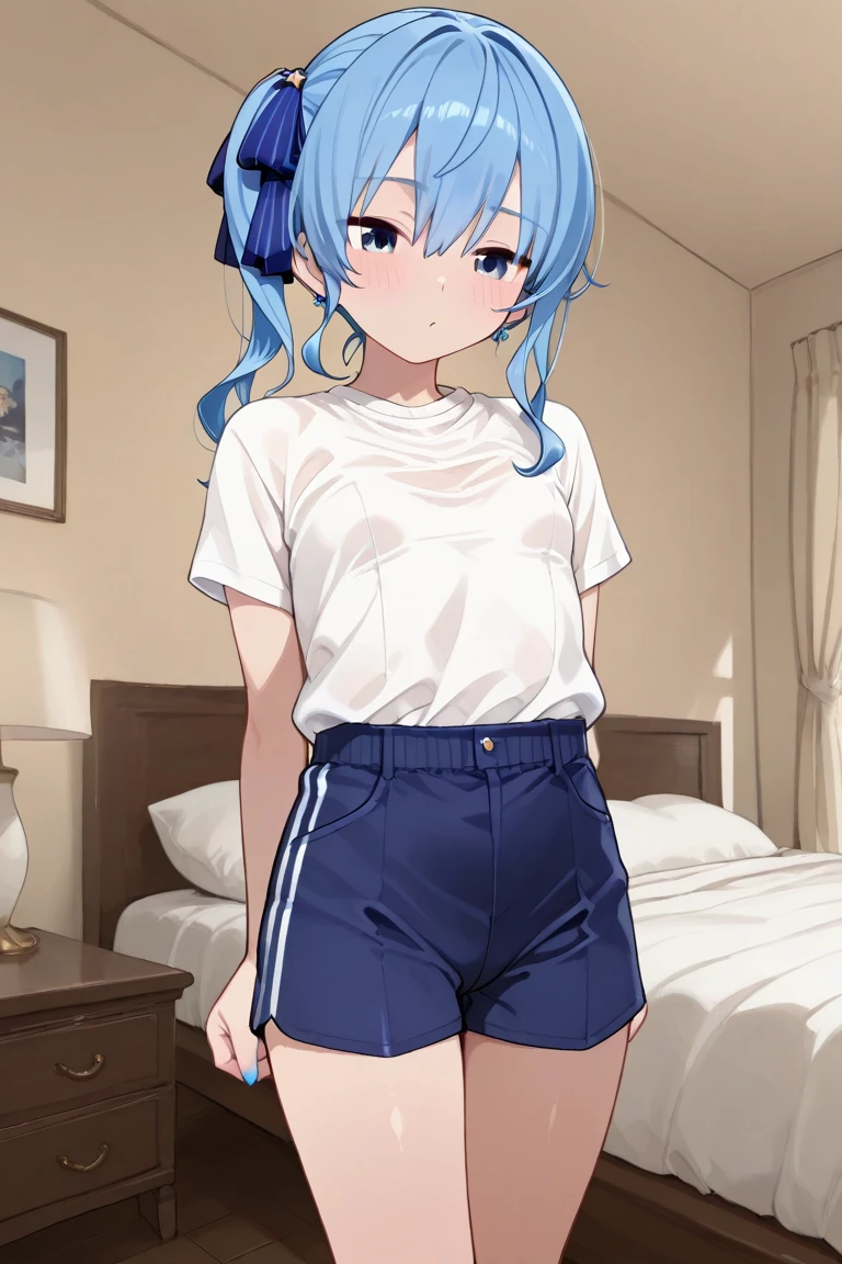 tall adult hoshimachisuisei, side ponytail, blue hair ribbon flat chest Gym Uniform Blue Bloomers School rooftop Are standing Disgust Humiliating regrettable