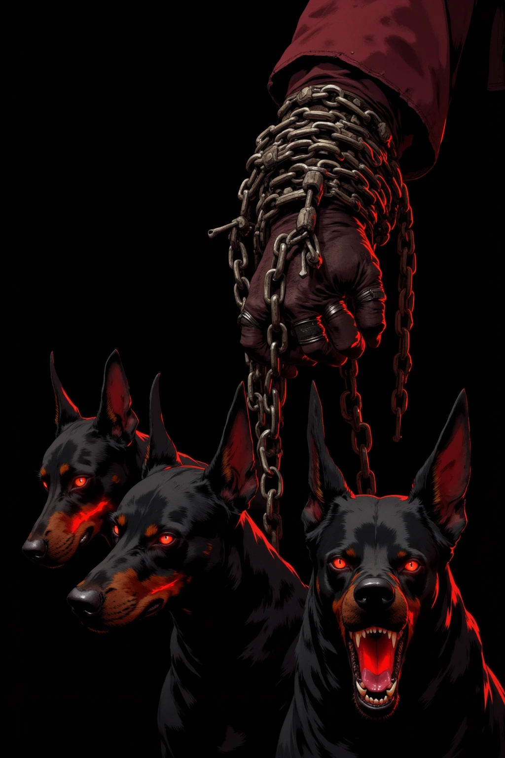 illustration of the right hand and Doberman, He has several heavy chain leads wrapped around his right hand、 He is accompanied by three huge Dobermans, The Doberman has black fur、redい目、 sharp fangs,dark fantasy style,high-definition precision drawing on a black background, Dramatic lighting,  The soldier's uniform is clean,On a black base,dramatic backlighting on a black base accentuates the silhouette of the right hand and Cerberus, High-definition and intricate details、Heavy Atmosphere, The color is composed mainly of black 、red、ダークグレーを基調にドーベルマンに炎や目のred, Accentuated with the shine of metal,only let the right hand appear