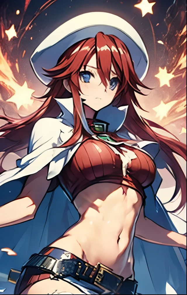 (((SFW、Highest quality、 first class masterpiece 、normal body 、32k、detailed face、super precise、normal hand、5 fingers、Highest)))、Atti(summon night)、Aty(summon night)、Beautiful Girl、Red-silver hair、 flowing hair 、beautiful breasts、slender、 slim、 can be used、A tattered red tight suit full of ripped holes、 Navel Exposure 、Muscle Exposure、super miniskirt、white beret、During combat、magic、 Magic Light 、sword、Sweep、fluid、Sword fighting、Torn Clothes、Costume explosion