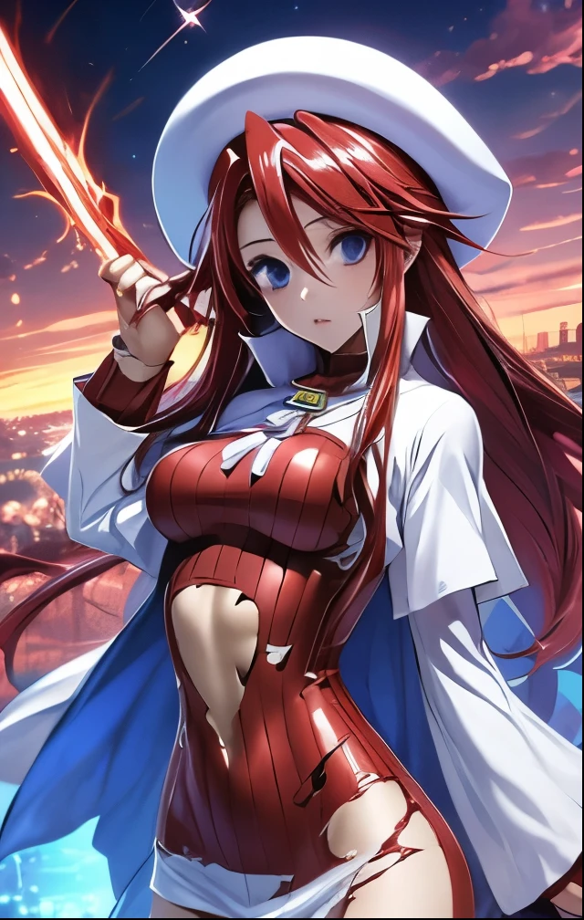 (((SFW、Highest quality、 first class masterpiece 、normal body 、32k、detailed face、super precise、normal hand、5 fingers、Highest)))、Atti(summon night)、Aty(summon night)、Beautiful Girl、Red-silver hair、 flowing hair 、beautiful breasts、slender、 slim、 can be used、A tattered red tight suit full of ripped holes、 Navel Exposure 、Muscle Exposure、super miniskirt、white beret、During combat、magic、 Magic Light 、sword、Sweep、fluid、Sword fighting、Torn Clothes、Costume explosion