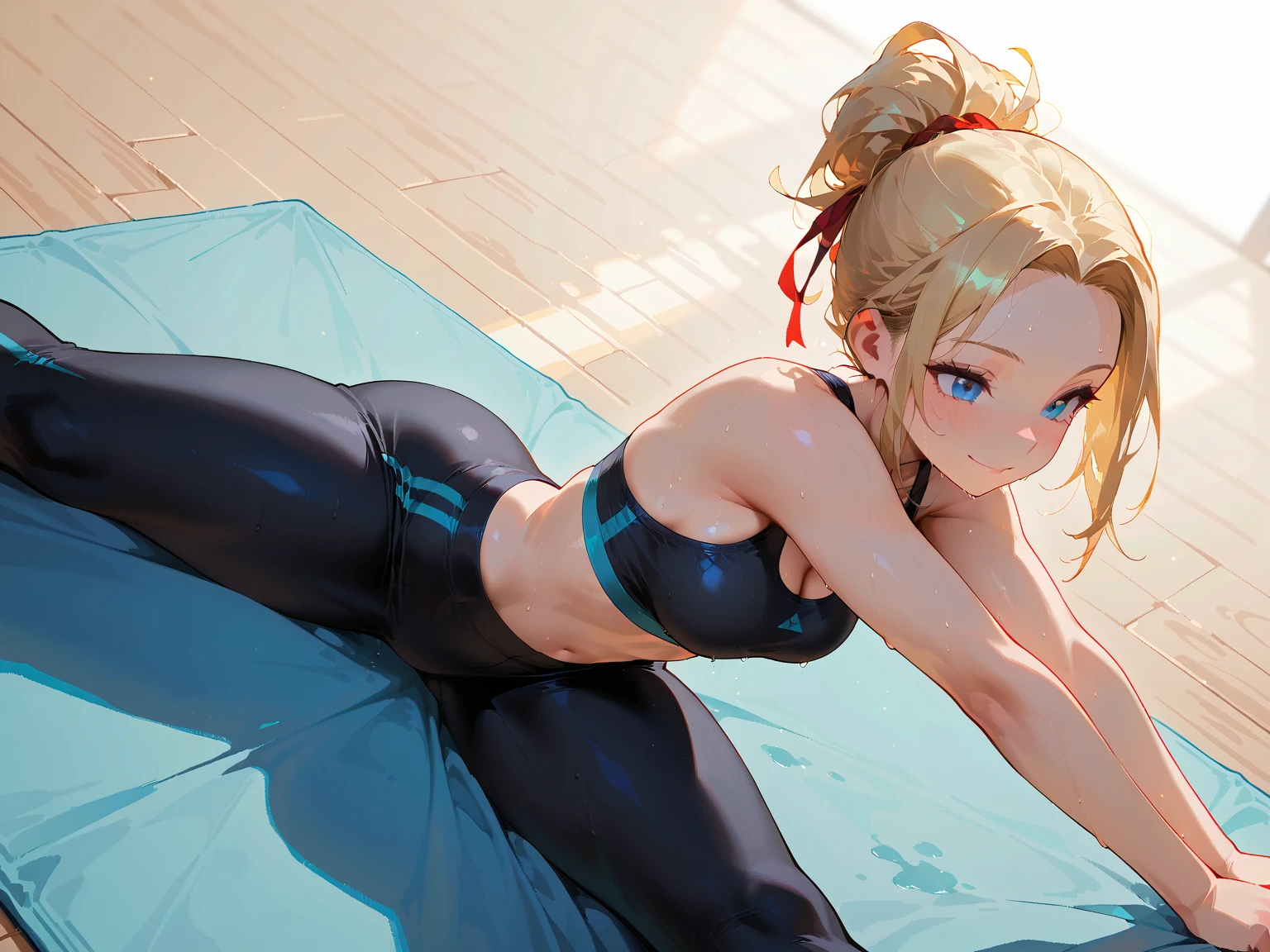 (masterpiece image, very detailed image, best high quality high definition image High very detailed Quality image, Very detailed high quality image), solo character, female wrestling aftermath defeated, tired lying down on the mat
1girl, absolute beauty, 28 years old, fair pale skin, light blue eyes, beauty features, long blonde golden hair tied in two pigtails with pink ribbons and blonde golden hair curly fringe near the nose, big breasts, round butt, beautiful legs, (light pale blue one piece leotard with a white stripe line in the belly and a grey spandex shorts under the leotard, grey knee pads, light pale blue wrestling boots, light pale blue arms sleeves, grey elbow pads), serious face
Dirty gym and wrestling ring