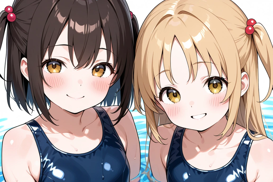 (cheerleaders, cute costume, gal, ponytail, breast to breast:1.2), dynamic, (wide angle, fisheye:0.8), hands up, bare shoulder, laughing, closed eyes, jumping, from above, SSR, (sexual temptation, erotic mood, girly tone, erogaki smile:0.8), love, happy,
BREAK
(perfect anatomy, best quality, kawaii:1.2), cute, (high resolution, kawaii illustration:1.2), (light novel, eroge:0.6), beautiful background,
(2girls, yuri), (teenager, jk,  face, tiny pretty breasts:1.2), slender, (detailed body skin, shiny skin:0.8), (mesugaki, triumphant face:1.2), (1fang:0.6), young cheeky girl,
