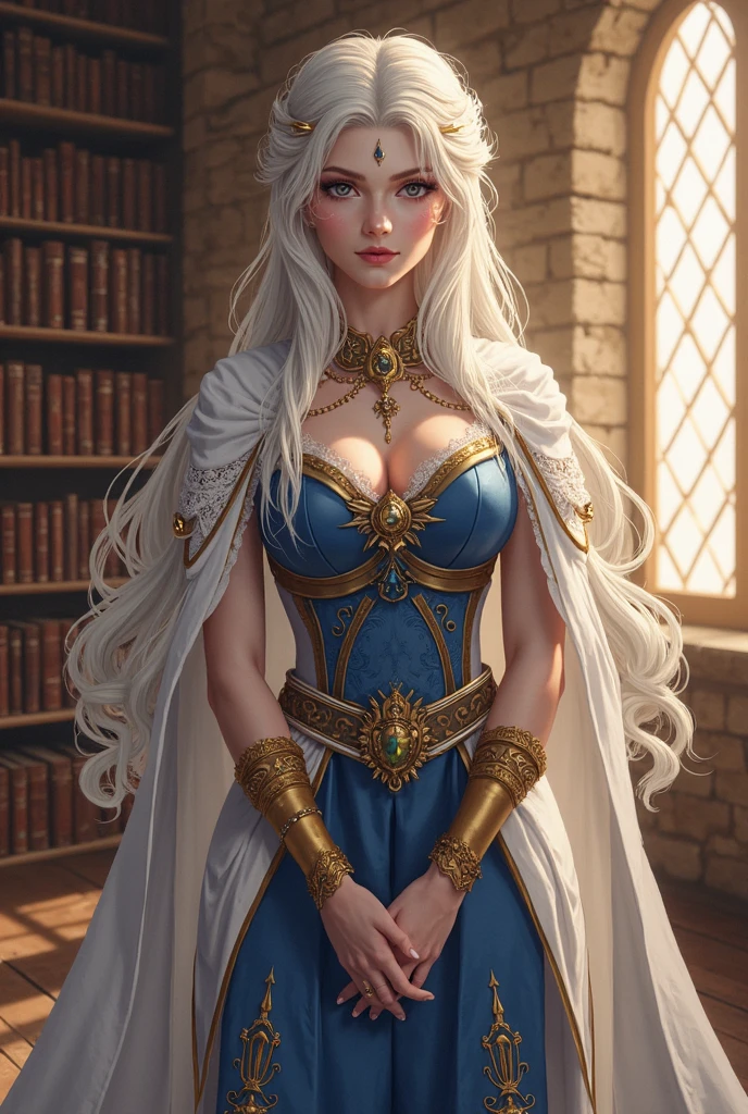 Anime girl with blue eyes and white hair in a blue dress, legwear, detailed digital anime art, stunning anime face, detailed anime girl, Beautiful anime, realistic anime style, digital anime art, Beautiful anime face, beautiful anime woman, advanced digital anime art, , beautiful anime girl, anime girl, full length, cast magic, magic, medium breast, 16k, render, high quality, 1girl, sit, armored dress, armor, no helmet, sword, eternal beauty, victorian dress, goddes, sunset, rain, background balcony best quality, a woman holding a magic book, necklace is an unusual key, necklace, stockings, charming anime character, no headgear, thick eyelashes,looking at viewer, long sleeves, holding a book, slim figure, slim, fantasy art, dnd art, RPG art, bra, balcony, dress skirt