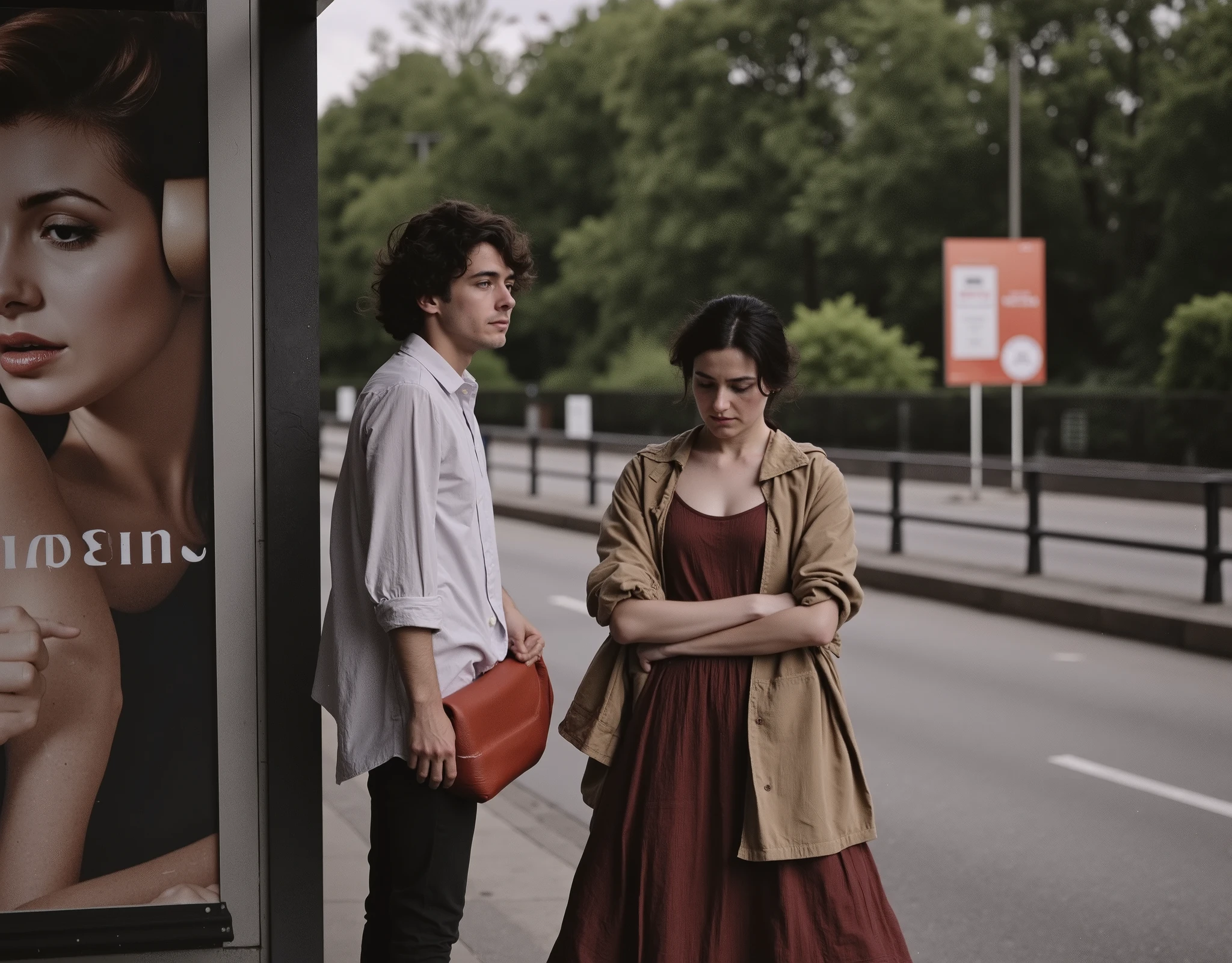 A cinematic still from a European arthouse film, set at a quiet urban bus stop on a cloudy afternoon. A young woman with pale skin and dark brown shoulder-length hair stands in a contemplative pose, arms crossed, facing forward but emotionally distant. She wears a burgundy tank top and a matching skirt with gentle folds, layered with a beige overcoat draped loosely over her arms. Her expression is introspective, subtly melancholic. Next to her stands a man with tousled wavy hair, wearing a rumpled white shirt and holding a red shoulder bag, both isolated in mood. The backdrop features a worn advertisement poster of a glamorous woman and a soft-focus urban landscape with green trees and metal railings. The scene is rendered with heavy 35mm film grain, soft natural lighting, muted tones with desaturated reds and greens, and a shallow depth of field. The color grading is vintage and moody, evoking emotional tension, loneliness, and poetic stillness.