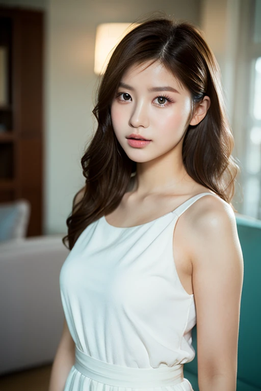 (8K, Top Quality, Masterpiece: 1.2), (Realistic, Photorealistic: 1.37), Super Detail, 1 Girl, Cute, Solo, (Redness of the Nose), (Smile: 1.15), (With Mouth Closed) Upturned breasts of a good size that is not small breasts, beautiful eyes, (Long hair: 1.2), upper body, ecstatic expression, camera gaze, eyes that invite a man,