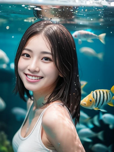 girl with, 独奏, A smile, Wearing a T-shirt, Aquarium background, depth of fields, (Photorealsitic:1.4), top-quality, masterpiece, ultra-detailliert, Raw photo