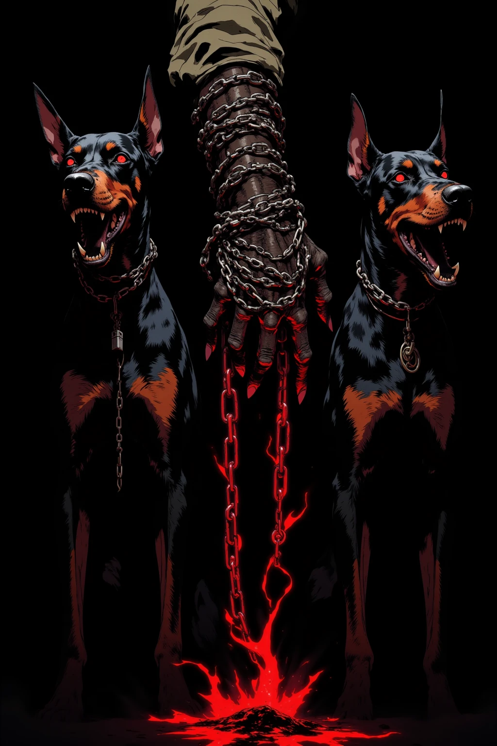 illustration of the right hand and Doberman, He has several heavy chain leads wrapped around his right hand、 He is accompanied by three huge Dobermans, The Doberman has black fur、redい目、 sharp fangs,dark fantasy style,high-definition precision drawing on a black background, Dramatic lighting, The soldier's uniform is clean,On a black base,dramatic backlighting on a black base accentuates the silhouette of the right hand and Cerberus, High-definition and intricate details、Heavy Atmosphere, The color is composed mainly of black 、red、ダークグレーを基調にドーベルマンに炎や目のred, Accentuated with the shine of metal,only let the right hand appear