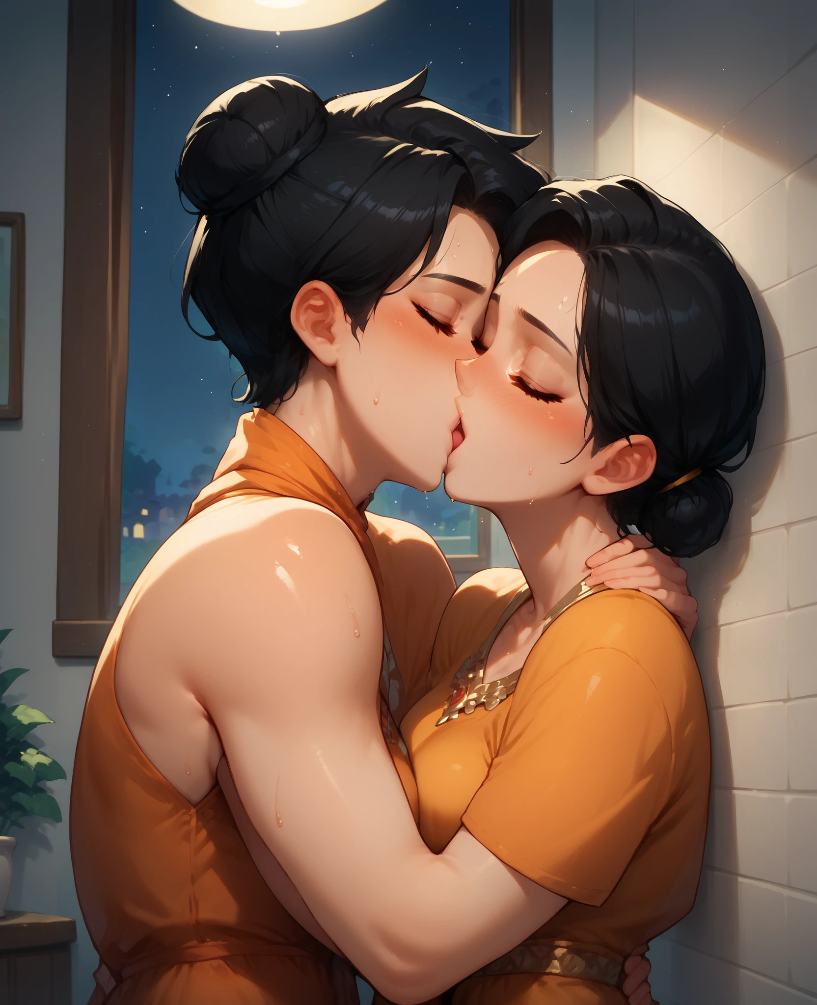 score_9, score_8_up, score_7_up, 1woman, solo, hair, closed eyes, white milky porcelain skin, white-skinned female, black hair in a bun, lovely medium breasts, perfect body, orange maxi dress, sweat, female organism, open mouth, looking at viewer, head tilt, nose blush, blush, indoor, bedroom, night time, late night, shiny skin, against wall, standing , upper body, 1girl, 1boy (faceless, face on girl's face,
intense kiss, deep kiss, kiss ), hug. Dutch angle.