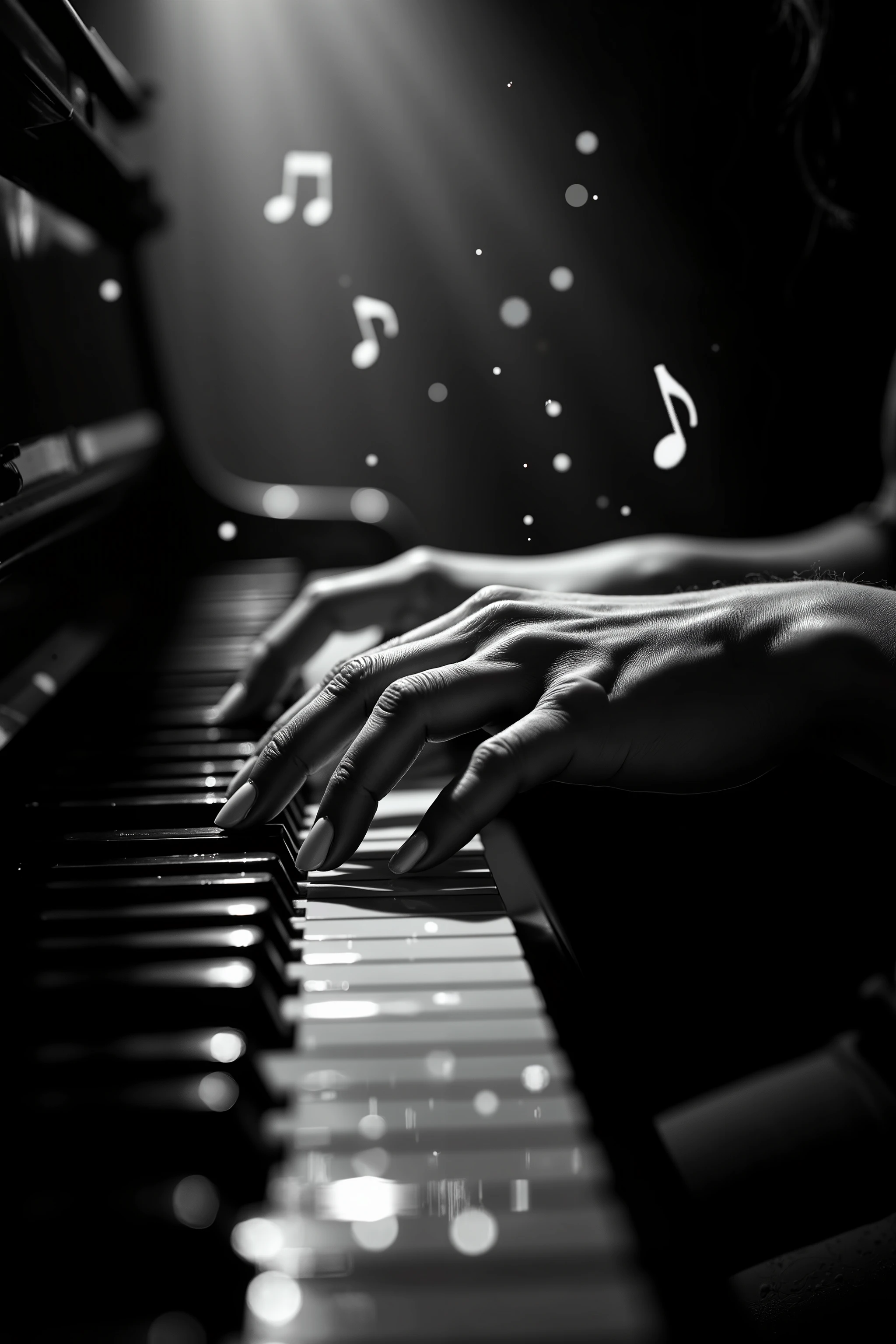 Stunning monochrome photo art. Close-up of female hands playing piano with dynamic motion blur on fingers. Perfect anatomy, hyper-realistic skin textures with visible delicate veins. Masterful chiaroscuro, dramatic light beam with suspended dust particles. Glare on polished keys showing hand reflections. Unusual side lighting with subtle bokeh effect. Composition masterpiece. Surreal floating musical notes emerging from keys. Surreal beauty, ultra-detailed, surreal masterpiece, 8K, ray traced reflections, unreal engine detail, concept art, digital painting