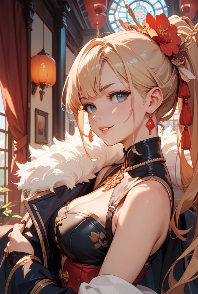 Beautiful Chinese woman with flirtatious smile, Wearing golden lace, red and yellow Hanfu, Drop your shoulders, seductive cleavage, Yellow eyes, Focus on the audience, state's, split, HD, UHD, Wallop, artistic sprout, long braid hair, grow long hair, realistic eyes, Very detailed目, natural skin, natural skin texture, Scattered under the surface, calm colors, skin pores, perfect face, perfect eyes, perfect lips, Soft female form, outstanding, cinematic, Cinema lights, Very detailed, surreal, masterpiece, in the atmosphere, High resolution, Lively, high contrast, Vignetting, 8K, HDR, 500 pixels, Look from above, bust
