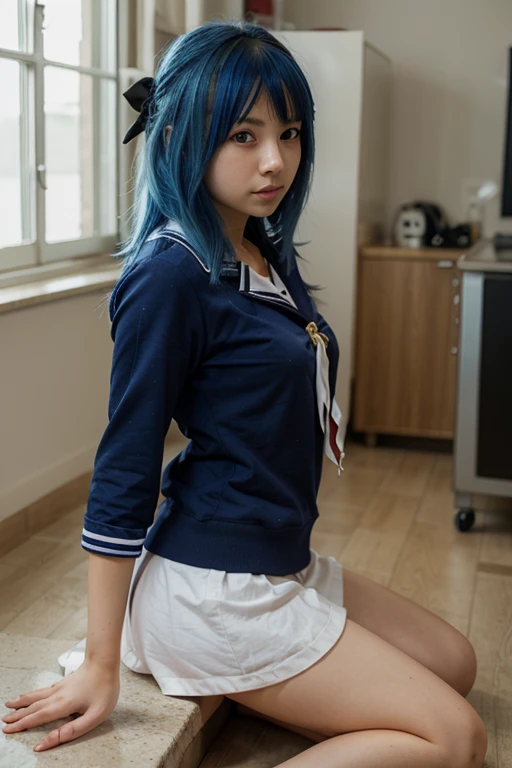 1girl, ((long sleeved business shirt with knot, long blue jeans)), ((midriff, navel, upper body)), (gold belt), best quality, masterpiece, high details, looking at viewer, standing, hands on own hips, old japanese town, mask on head, blue hair, short hair, yellow eyes