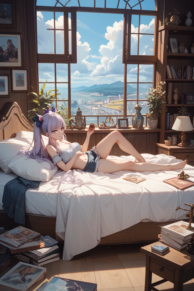 official art,Highly detailed CG Unity 8k wallpaper,ultra high resolution,(table top),(highest quality), (katsuragi misato, sexy lingerieの), cross necklace、big breasts、(huge breasts:1.7, sexy lingerieの)、seductive lace underwear、sleeping in bed、 M-shaped spread legsで、brown eyes , they lie down, clear eyes, legs spread apart:1.5)、sexy lingerie,