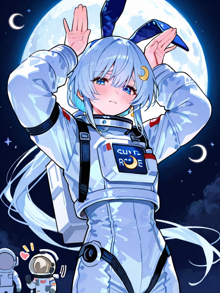A beautiful, cute girl standing on a colorful rocket made of Bitcoin, flying towards a giant glowing moon in the distance. The scene is set against a starry blue night sky with scattered Bitcoin coins and Ethereum symbols. Keywords: Moon Lander, blue background.