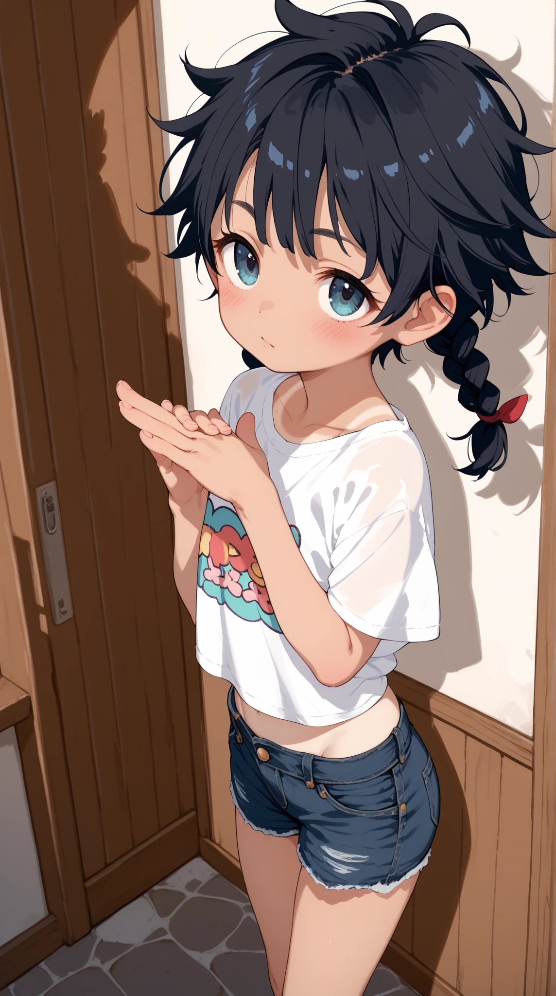 高品質,((megami magazine,anime style)),high resolution,a girl,solo,tomboy,messy hair,cool eyes, tsurime,very short hair,black hair,bushy eyebrows,tanlines ,white Plain T-shirt,flat chest,denim short pants, 1girl,  blush, dog shadow puppet, shadow puppet, own hands together, hands up, 
from behind, feet out of frame, looking up, closed mouth, twin braids hair,