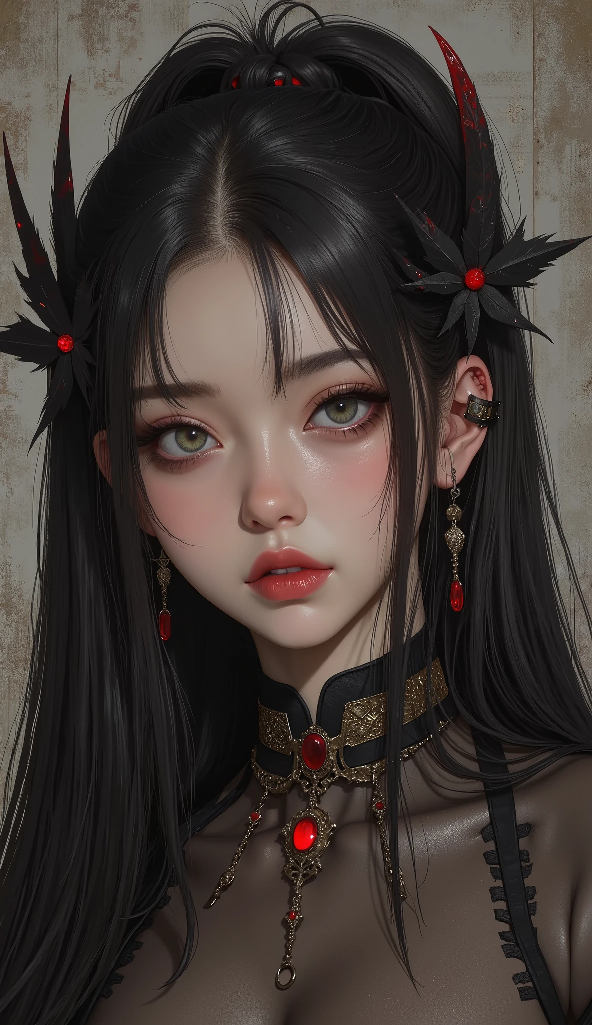 (top quality, The best illustrations:1.2),(Wicked Smile,horror fantasy:1.5), (((evil eyes,Savage Face,Well-trained abdominal muscles))),(Fatal Beauty,Attractive beauty) ,(A supple and powerful physique),(Sensual charm),(Mysterious charm:1.1),(Captivating silhouette),(ink and watercolor:1.5),(Ominous Scenery :1.5),(A lot of dust rises:1.5),(wonderful,high resolution,masterpiece:1.5),、(sexy pose,Powerful figures,Big Breasts:1.3),((((Glasses,close up sexy shot, cute,red eyes,muscular body,Evil Ruby's Cursed Necklace)))),(((body up,Glasses、Big Breasts, braids))),pretty face, raise my eyebrows ,close up sexy shot,(Fatal Beauty,charming beauty),(Mysterious charm:1.1),(Big Breasts、Attractive silhouette),HD texture 、High Quality Shadows,beautiful and delicate face,Beautiful and delicate sticky liquid dripping from eyes,ray tracing,20th generation、 cute K-POP girl、(The Face of Korea),Thin face、(Ulzan-6500-V1.1:0.6),The face of pure loss _v1 , (beautiful and delicate face , beautiful and delicate eyes, Perfectly Balanced Face , high definition skin , detailed skin, The optimal ratio is 4 fingers and 1 thumb :1.25),Beautiful Devil Woman from Hell, seductive girl , Real Girls, Gurwitz, Gurwitz-style Artwork , Girl Roleplay, Realistic 3d style, cgstation Popular Topics,, 8K portrait rendering ,(truth,truth:1.4),(Glasses :1.2)、cheek、 glossy lips, In a semi-real anime style, in the heart of a decaying Snow, a grungy majestic glass skin, her bark-like skin adorned with delicate, long, silky, and light-brown hair. The photograph captures her ethereal presence with a mystical aura, anime girl with horns and red eyes in a red dress, artwork in the style of guweiz, portrait of demon girl, with glowing red eyes, with red glowing eyes, red glowing eyes, glowing red eyes, fantasy art style, demon girl, intense demonic look in the eyes, horns and red eyes, red eyes glowing, 2. 5 d cgi anime fantasy artwork
