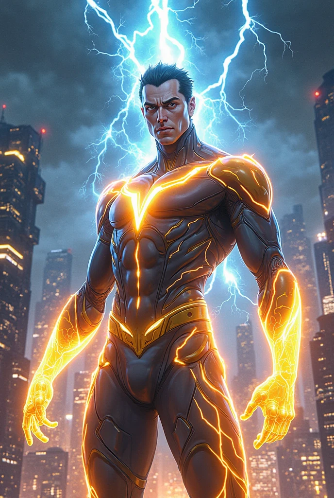 (mid_shot:1.3),(1 male:1.2),(muscle man:1.1),(frontal illumination:1.2),with a silver body and glitters with lights above,extreme iridescent reflection,in the style of vray tracing,vibrantmanga,shiny/ glossy,rococo pastel,fluid form,tinycore,fluid impressions,vray,machine aesthetics,yanjun cheng,silver,shiny eyes,fluidform.,the young warrior,male characteristics, heroic stance,striking contrast,energy crackling,superhuman speed,heroic proportions,red and yellow lightning effects,explosive background,cityscape at night,energetic aura.