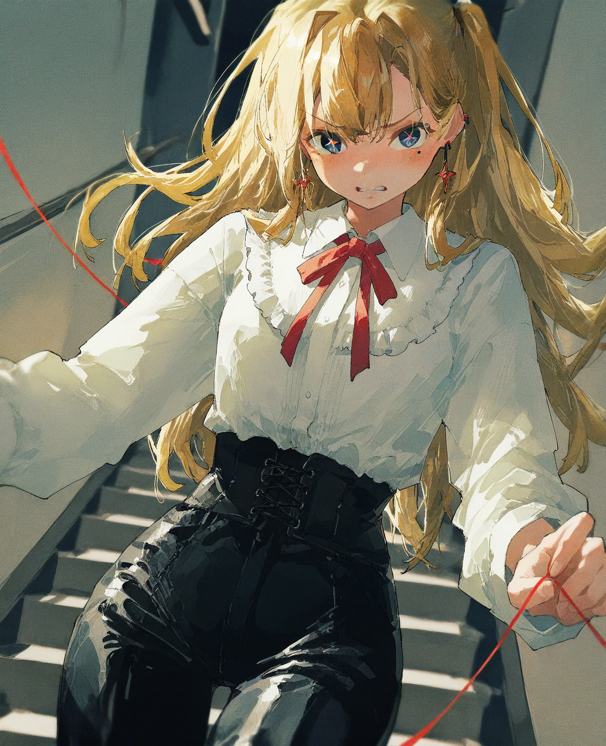 Highest quality,masterpiece,One girl,alone,Suspend,Beautiful Eyes, blue, Blonde, Twin tails,Beautiful Face,Cowboy Shot,Expressionless,Hanging by a thread,whole body,Are standing,suspension,Hollow,Doll joints,Short sleeve,skirt,Tilt your head,Outstretched arms,The world in the mirror