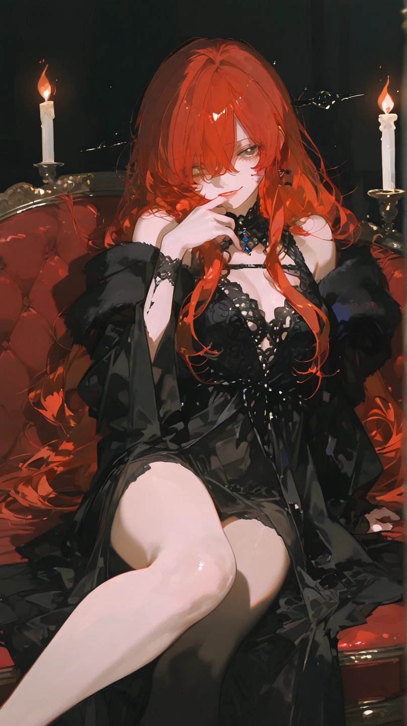 (best quality,4k,8k,highres,masterpiece:1.2),ultra-detailed,(realistic,photorealistic,photo-realistic:1.37), mature redheaded beauty with striking long flowing hair, enchanting green eyes, and luscious lips, wearing seductive lingerie that accentuates her nice body. Her captivating figure showcases her confidence and sensuality, with her mature allure radiating an irresistible queen vibe. She exudes an air of elegance and power, embracing her womanhood with grace and sophistication. The lighting highlights her curves and emphasizes her red hair, creating a mesmerizing effect. The color tone is rich and vibrant, with warm hues that enhance the passion and desire in the image.