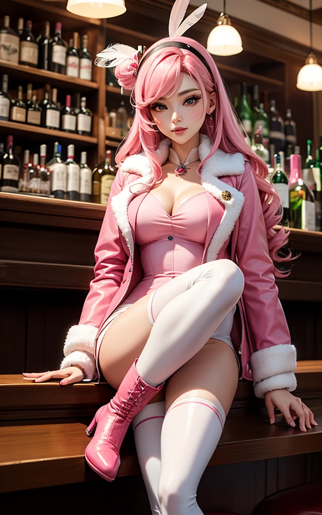 Pink rabbit ears large full breasts(nffsw)cabelos preto e longos Goth loli outfit with white and pink exposed cleavage(Overexposed、a miniskirt)Carry drinks Large living room