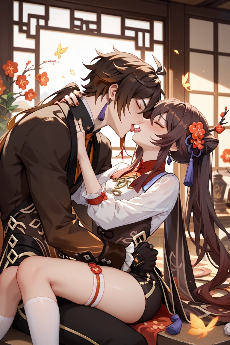 anime artwork, score_9, score_8_up, score_7_up, score_6_up, score_5_up, score_4_up, hu tao, she is 24 years old, style_3, sit,,,,,,,,,, bikini, 1boy, zhongli, he grabbing her ass, they are kissing