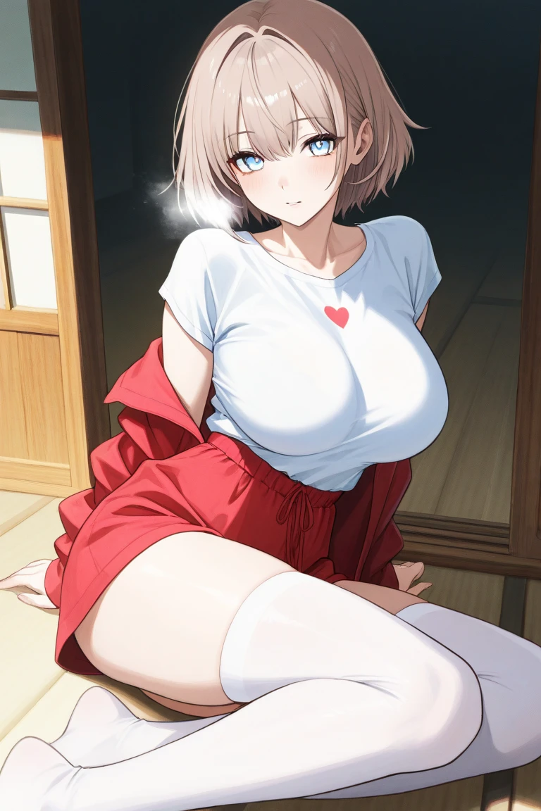 masterpiece,hight resolution、1 girl in、18year old、(very detailed face and eyes:1)、(kawaii:1.4)、Light Effects、Colossal tits、小柄、Short-cut snow white hair、Red Eyes、In a dark room、Anime filling、View from below、Red bed、Kneeling、Embarrassed look、bath robe、Black lace panties