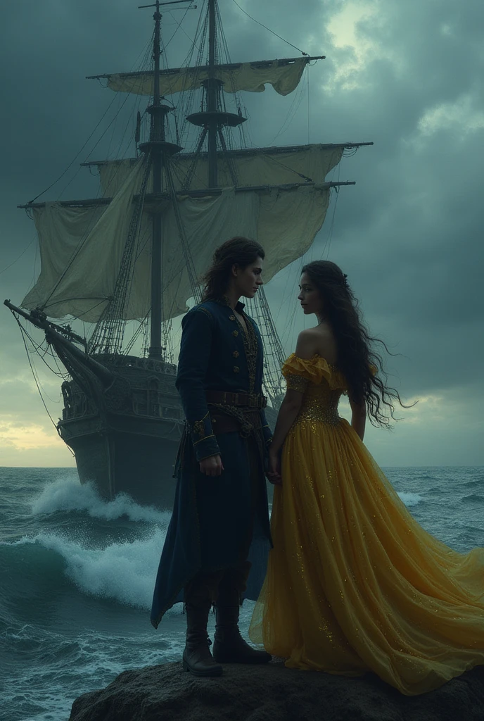 "On the bow of a pirate ship, under a peaceful starry sky, The two brothers, Thomas e Sofia, both , are hugging affectionately with their uncle Captain Bluebeard. Thomas, with a proud smile, look at Sofia, as she looks towards the horizon with an expression of wonder and courage. The calm sea reflects the full moon, creating a serene and welcoming scene."