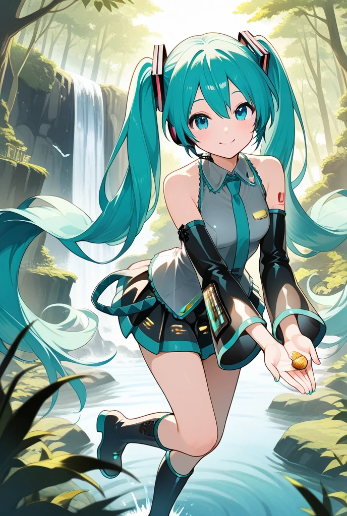 1 girl on break day,Beautiful Girl,cute,VOCALOID,Hatsune Miku,blue eyes,Green nails ,turquoise long twin tails,Mini Skirt,sleeveless,ties,headphones,black arm cover,black long boots,A small nut on the palm of both hands held out,in a fantastic forest,Blue Butterfly々is flying,waterfall,Sanctuary,smile,Very Beautiful Scenery