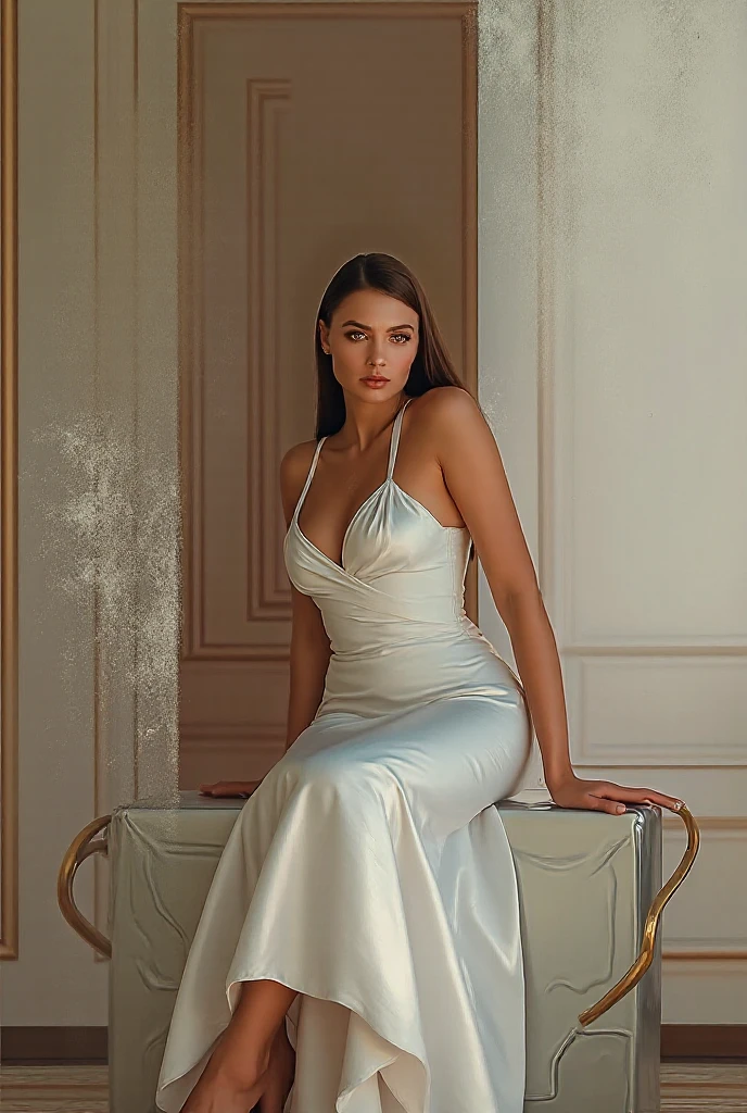 Create a realistic studio photo of a woman named Sophia Martinez, seated gracefully on a sleek totally naked, modern white chair. The entire setting is minimalist with a white-on-white color scheme. She is dressed in a sophisticated, form-fitting white silk gown that drapes elegantly over her crossed legs. The floor is adorned with a luxurious white faux fur rug, adding texture and warmth to the scene. Sophia has a piercing, intense gaze, and she looks directly into the camera with a smoldering expression, exuding confidence and allure. The lighting is soft yet focused, highlighting the contours of her face and body, creating a captivating and sensuous atmosphere.
