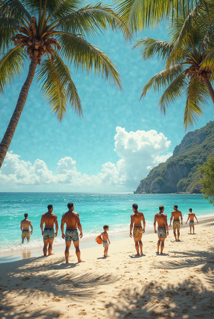 Three men standing on the beach,The background is a lot of people, in the beach, standing at the beach, on the beach, beach pic, in beach, people in beach, vacation photo, 2 3 years old, 2 8 years old, Have by the sea, 2 7 years old, Shirtless, 2 4 years old, 2 9 years old