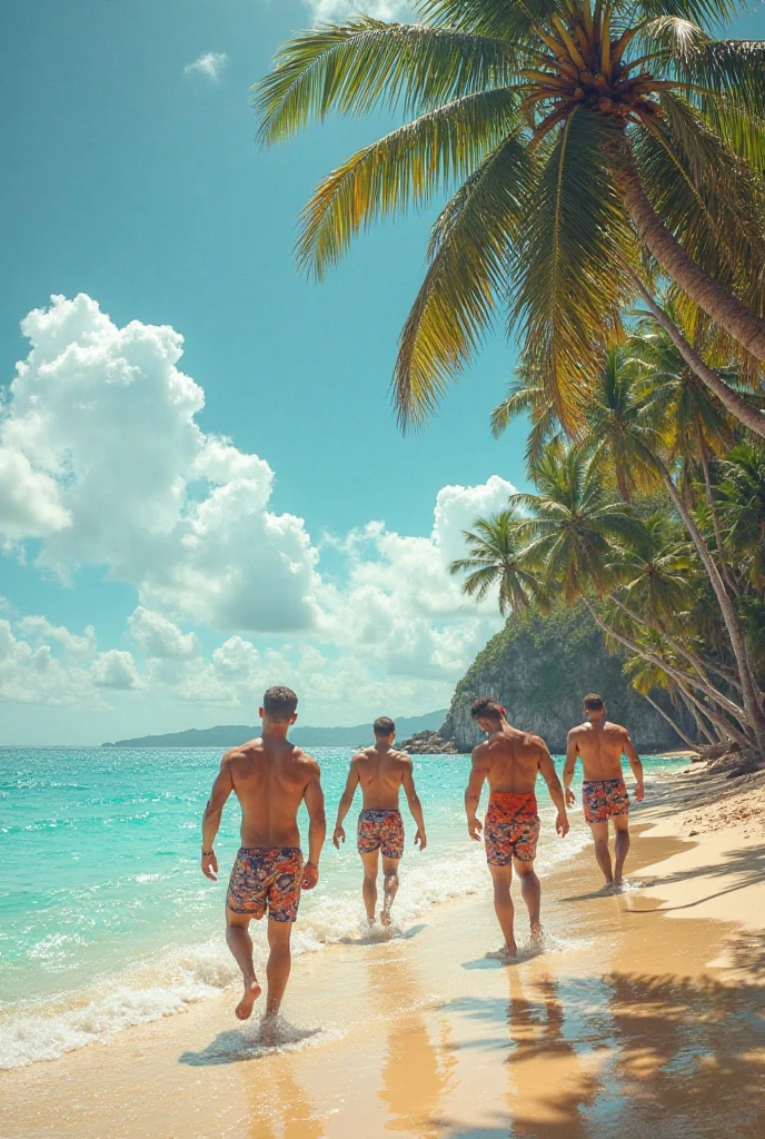 ((2heads)), 1man,35 years old, fat, surfboard, short brown hair, short gray hair,stubble, colorful tight speedo, unathletic,facing viewer, unathletic, beach with rough surf in background, , full body,lotion on skin, sunburned