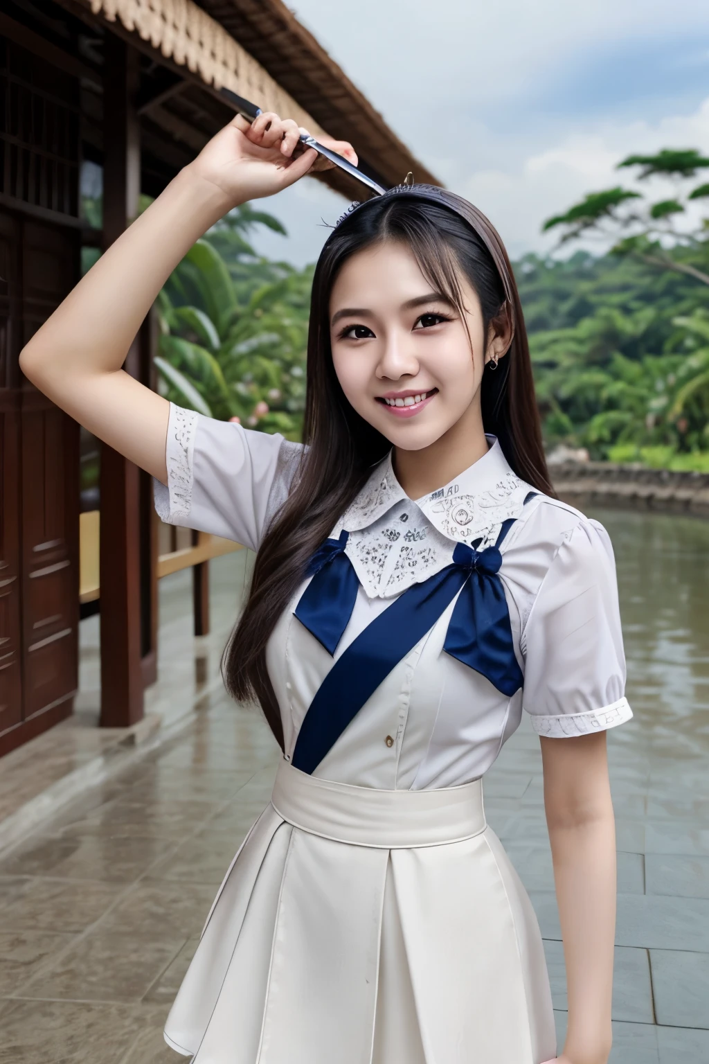(Highest quality:1.5)、(masterpiece:1.5)、(8k:1.5)、((Primary school students:1.7))、(Flat Chest)、(Tight Chinese dress:1.5)、Braid、Angle from below、smile、(The background is the hotel:1.7)