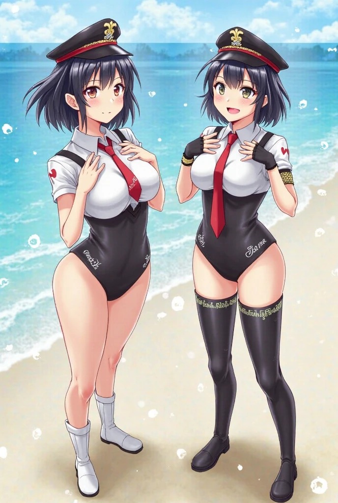 two women in swimsuits posing for a picture in front of a white background, tits proportions, is wearing a swimsuit, tits, biomechanical tits, thick, wet swimsuit, cute sexy ass, Cute girl in a tank suit, swimsuit, twin tails, attractive matoi ryuko, monokini, software version, naughty anime style