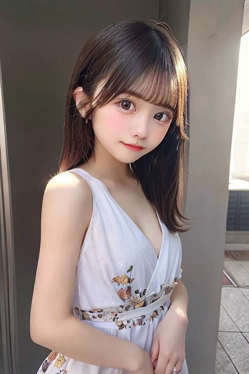 masterpiece, highest quality, One Girl, (beautiful girl, Delicate girl:1.3), (15 years old:1.3), Extremely high quality transparency, (Symmetrical eyes:1.3), (Lush green park), (white and pink floral dress:1.3), Small breasts, Brown eyes, Parted bangs, Brown Hair, Young girl, (Eye and facial details:1.0)