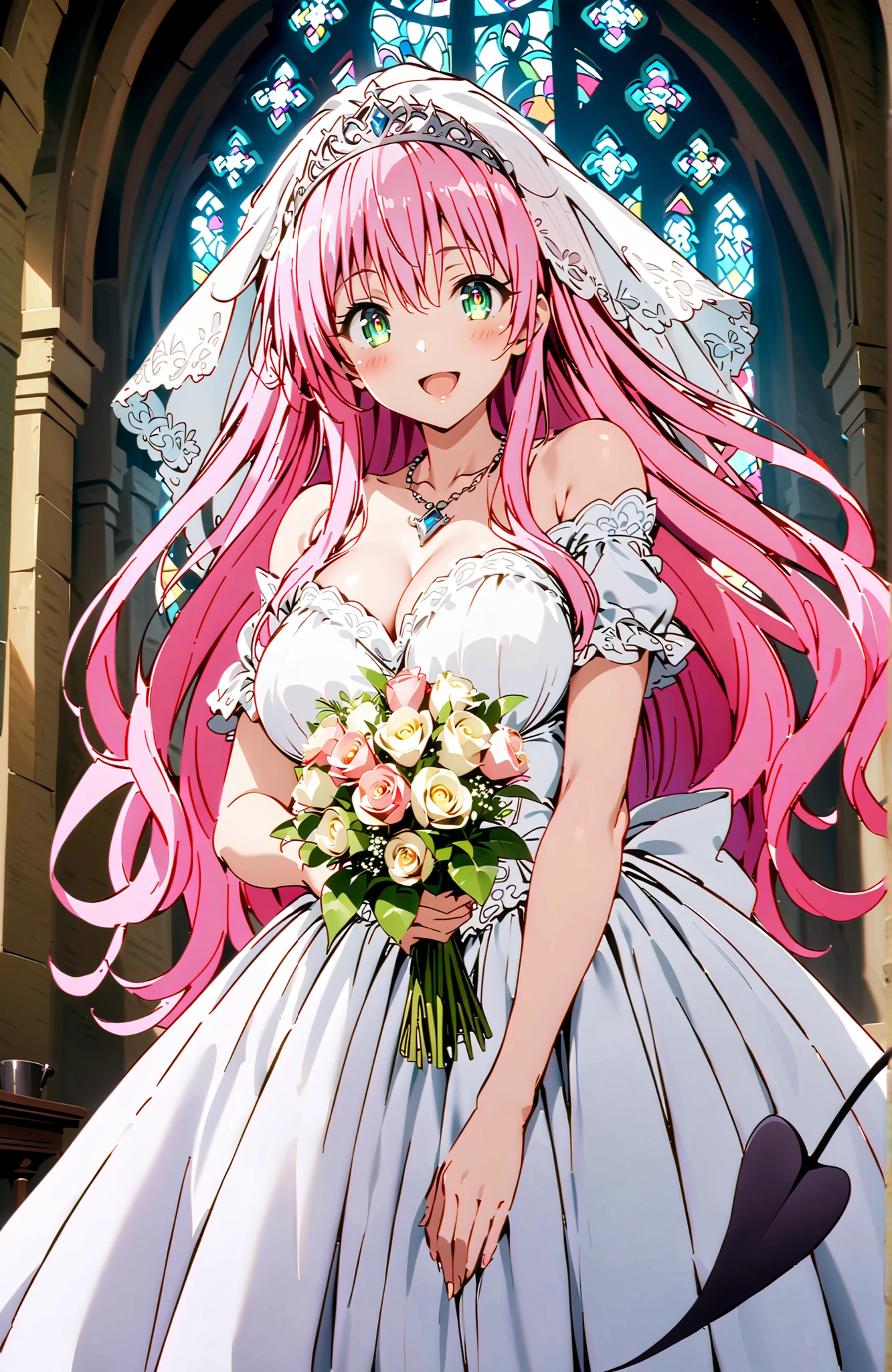score_9, score_8_up, score_7_up, source_anime,
Lala Devilke , long hair, pink hair,stupid hair, bungs, green eyes,Demon Tail,Big Breasts,tiara,Veil,Off Shoulder Wedding Dress,Short sleeve,necklace,wedding long skirt,holding a bouquet of flowers with both hands,stained glass,standing,smile,blush,open your mouth,full bodyがIllustrationsに入るように,in their 40s indoors,Chapel,church,
in their 40s looking at viewer,full body,
in their 40s (masterpiece:1.2), Highest Quality, high resolution, Unity 8k 壁紙, (Illustrations:0.8), (beautiful detailed eyes:1.6), very detailed face, perfect lighting on the table, extremely detailed CG, (perfect hand stretched forward, Completed),