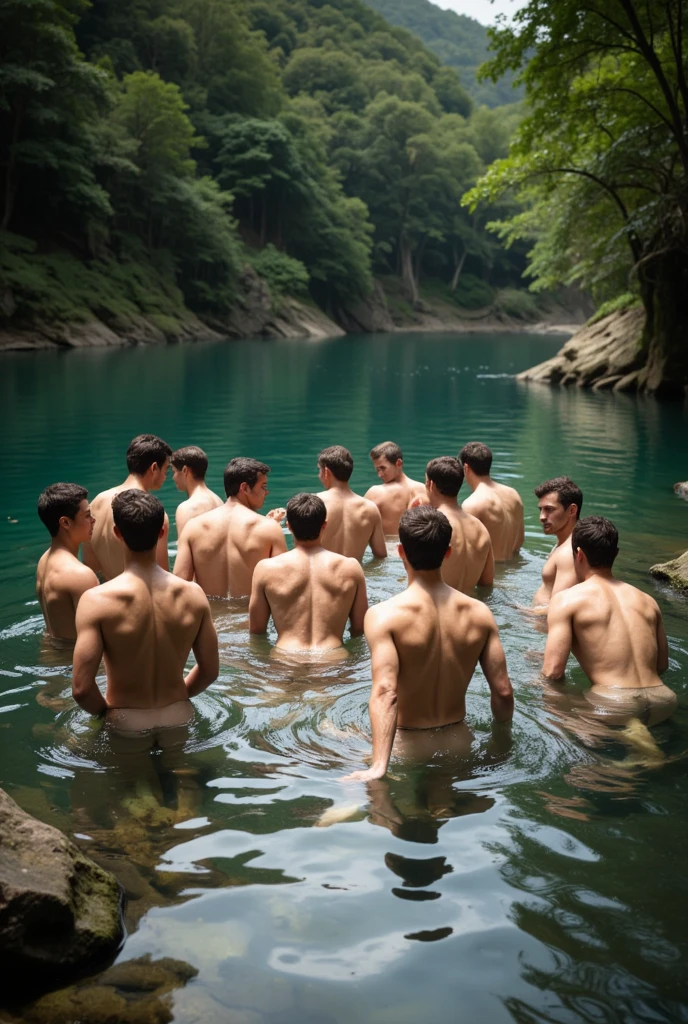 3 naked men representing the zodiac sign of Aquarius in the river